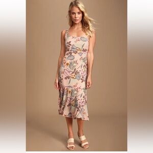 Lulu’s Island‎ Sun Blush Pink Tropical Print Tie-Back Midi Dress